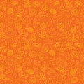 Halloween seamless pattern with spiders, witch cauldron, bat, ghost, pumpkin, leaves and bubbles on orange background