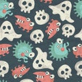 Halloween seamless pattern with spooky monsters, ghosts and skulls Royalty Free Stock Photo