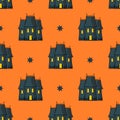 Halloween Seamless Pattern With Spooky Victorian Manor. Repeated Illustration