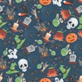 Halloween seamless pattern. Trick or treat Halloween party vector flat cartoon backdrop.