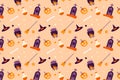 Halloween seamless pattern vector with broomsticks, poisons, and tombstones, Halloween minimal pattern decoration on an off-white