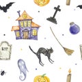 Halloween seamless pattern of watercolor elements haunted house, cat, pumpkin, tombstone Royalty Free Stock Photo