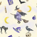 Halloween seamless pattern of watercolor elements moon, witch, cat, raven Royalty Free Stock Photo