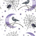 Halloween seamless pattern of watercolor elements purple moon, raven and spider web with spider Royalty Free Stock Photo