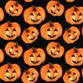 Halloween Seamless pattern Watercolor painted collection of orange creepy pumpkin. Cartoon style Hand drawn fresh vegan