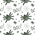Halloween seamless pattern with watercolor spiders and cobwebs.