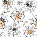 Halloween seamless pattern of watercolor spooky pumpkins, candies and cobwebs Royalty Free Stock Photo