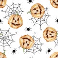 Halloween seamless pattern of watercolor spooky pumpkins and cobwebs Royalty Free Stock Photo