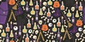 Halloween seamless pattern with witch hat, poison, black cat, coffin etc