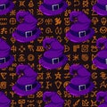 Halloween seamless pattern with witch hats on ancient scripts background