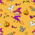 Halloween seamless pattern with witch, pumpkin, cat, bat, ghost and spider Royalty Free Stock Photo