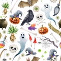 Halloween seamless pattern from witchcraft elements. Watercolor illustration. Hand drawn halloween scary elements, ghost