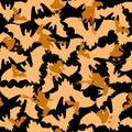 Halloween seamless pattern. Witches and bats on a black background. Scary endless texture for fabric, paper