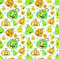 Halloween seamless pattern with yellow green pumpkins isolated on white background. Funny doodle art. Orange Jack lanterns. Vector Royalty Free Stock Photo