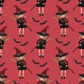 Halloween seamless pattern with young witch with broomstick