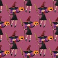 Halloween seamless pattern with young witch.