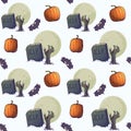 Halloween Seamless Pattern. Zombie hands, tombstones and moon. Chaotic distribution of elements Royalty Free Stock Photo
