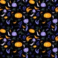 Halloween. Seamless patterns. Purple pumpkins and green branches. Orange pumpkins and candies, lollipops. Isolated over black Royalty Free Stock Photo