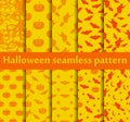 Halloween seamless patterns set. Pattern with Lamp Jack, Bats and witch. Halloween symbols. Vector Royalty Free Stock Photo