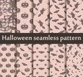 Halloween seamless patterns set. Pattern with Lamp Jack, Bats and witch. Halloween symbols. Vector Royalty Free Stock Photo