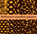 Halloween seamless patterns set. Pattern with Lamp Jack, Bats and witch. Halloween symbols. Vector Royalty Free Stock Photo