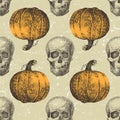 Halloween seamless with sculls and pumpkins