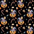 Halloween seamless themed pattern. Orange and yellow, colors on black backdrop. Watercolor illustration.