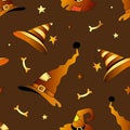 Halloween seamless vector background, pumpkin, cap, bat, cross.