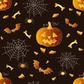 Halloween seamless vector background, pumpkin, cap, bat, cross.