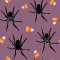 Cute halloween seamless vector pattern background illustration with black spiders and candy corn Royalty Free Stock Photo