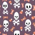 Cute halloween seamless vector pattern background illustration with candy corn, candies and skulls with bones Royalty Free Stock Photo