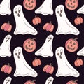 Halloween Seamless vector pattern. Cute ghost and pumpkins on a dark background. Royalty Free Stock Photo