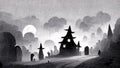 Halloween season festival haunted house ghost background. Digital painting. Royalty Free Stock Photo