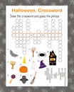 Halloween seasonal crossword activities, word search puzzle, autumn fall holidays vector illustration printable worksheet