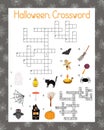 Halloween seasonal crossword activities, word search puzzle, autumn fall holidays vector illustration