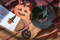 Halloween self made decorations made with kids, medical mask celebration concept decorated with pumpkin