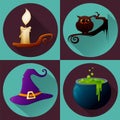 Halloween set. Burning candle, owl sitting on branch, witch hat