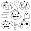 Halloween set of cartoon pumpkins on white background. Drawn by hand doodle halloween elements. Post card decorations