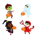 Halloween Set with cartoon style characters isolated on a white background. Children in the witch, zombies, devils and ghosts. All Royalty Free Stock Photo