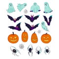 Halloween set. A collection of decorative elements. Pumpkin head, bats, ghosts and poltergeists, spider and cobwebs.