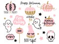 Halloween set with cute elements. Kawaii pumpkin, cartoon ghost, vampire lips, halloween quotes. October 31