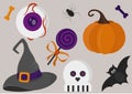 Halloween set of cute elements, objects and icons for your design in a cartoon style, isolated on a white background Royalty Free Stock Photo