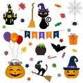 Halloween set of cute elements, objects and icons for your design in a cartoon style, isolated on a white background. Vector, flat Royalty Free Stock Photo