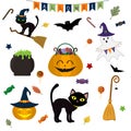 Halloween set of cute elements, objects and icons for your design in a cartoon style, isolated on a white background. Vector, flat Royalty Free Stock Photo