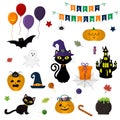 Halloween set of cute elements, objects and icons for your design in a cartoon style, isolated on a white background. Vector, flat Royalty Free Stock Photo