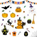 Halloween set of cute elements, objects and icons for your design in a cartoon style, isolated on a white background. Vector, flat Royalty Free Stock Photo