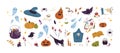 Halloween set with cute and spooky characters and stuff. Funny doodle Helloween bundle with holiday pumpkin, hat, candy