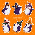 Halloween set of cute vector dancing penguins. Different hats, various poses. Pre-made stickers