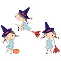 Halloween set with cute witches with hat and the broom