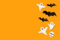 Halloween set decorations with ghost, bat and skeleton on orange background. Holiday party, minimal card, spooky concept